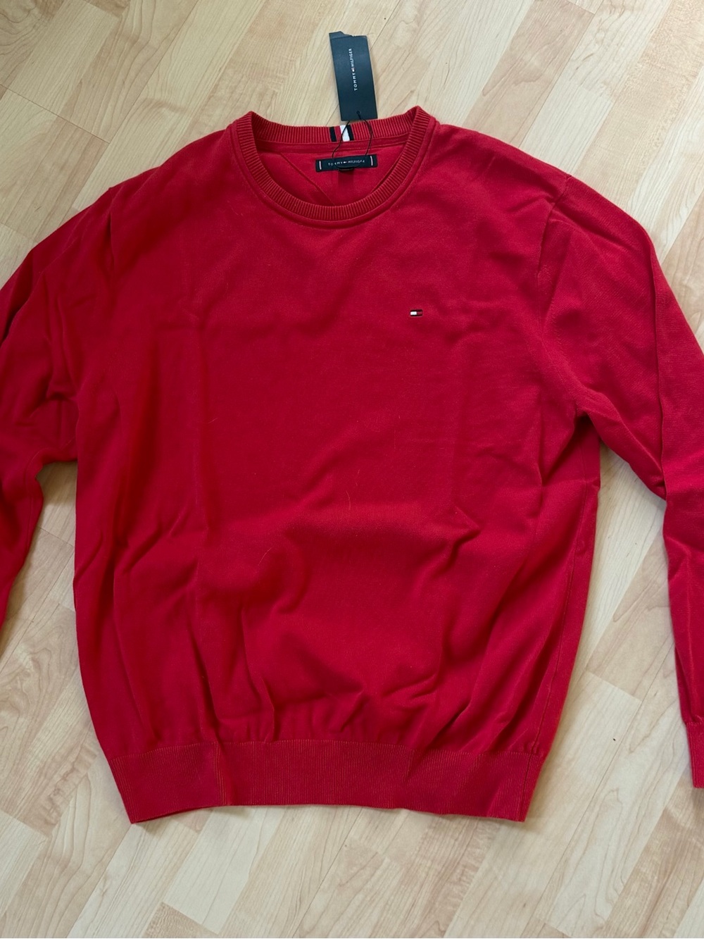 Tommy Hilfiger Men's Red Crewneck Sweater with Signature Flag
